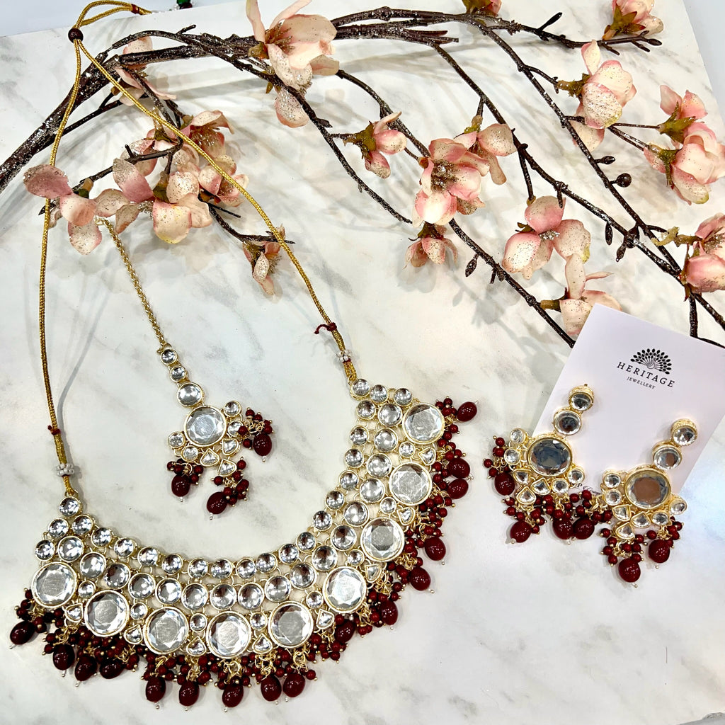 Round Kundan Effect Set With Bead Drops