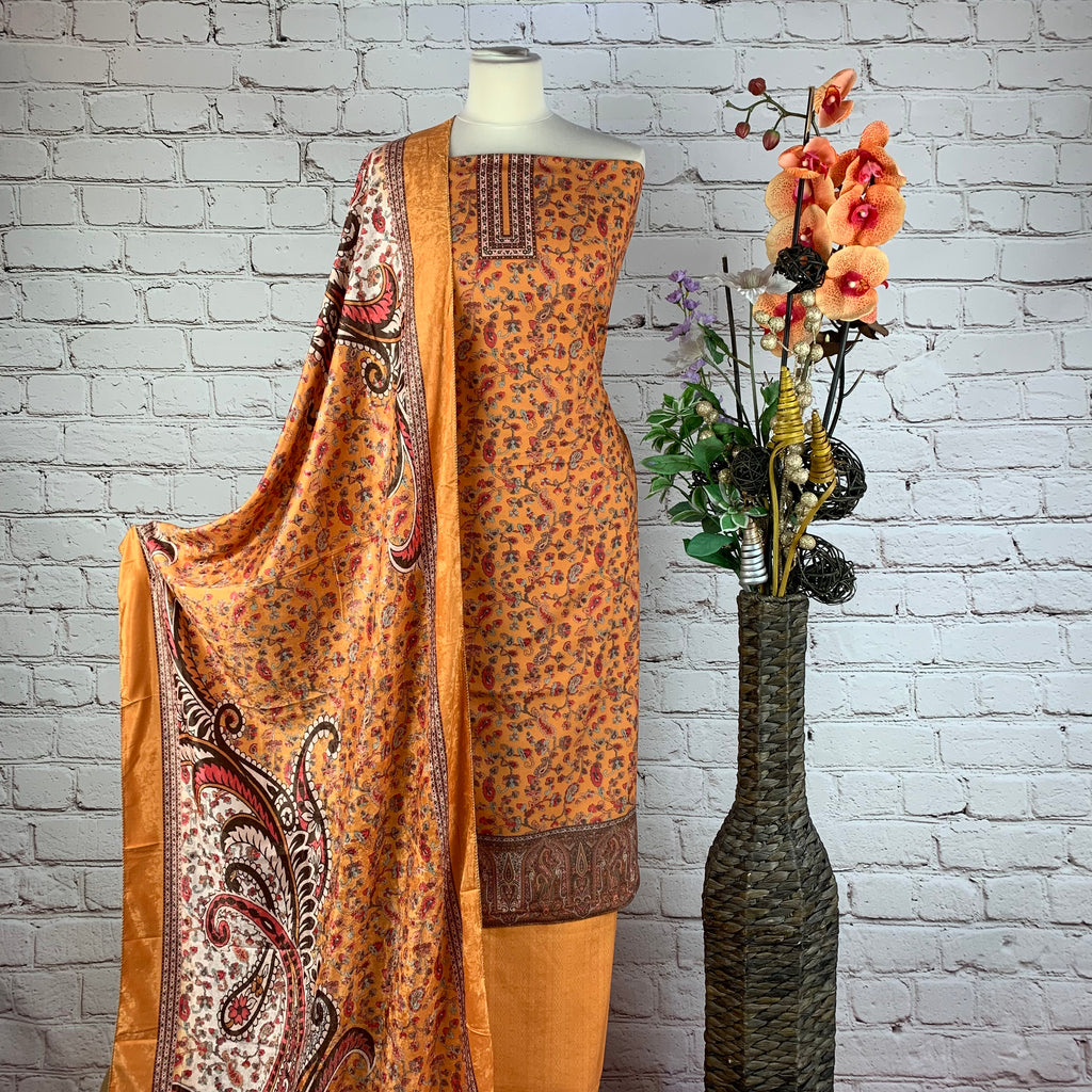 Self Print Garam Suit with Neck & Border Print (V8)