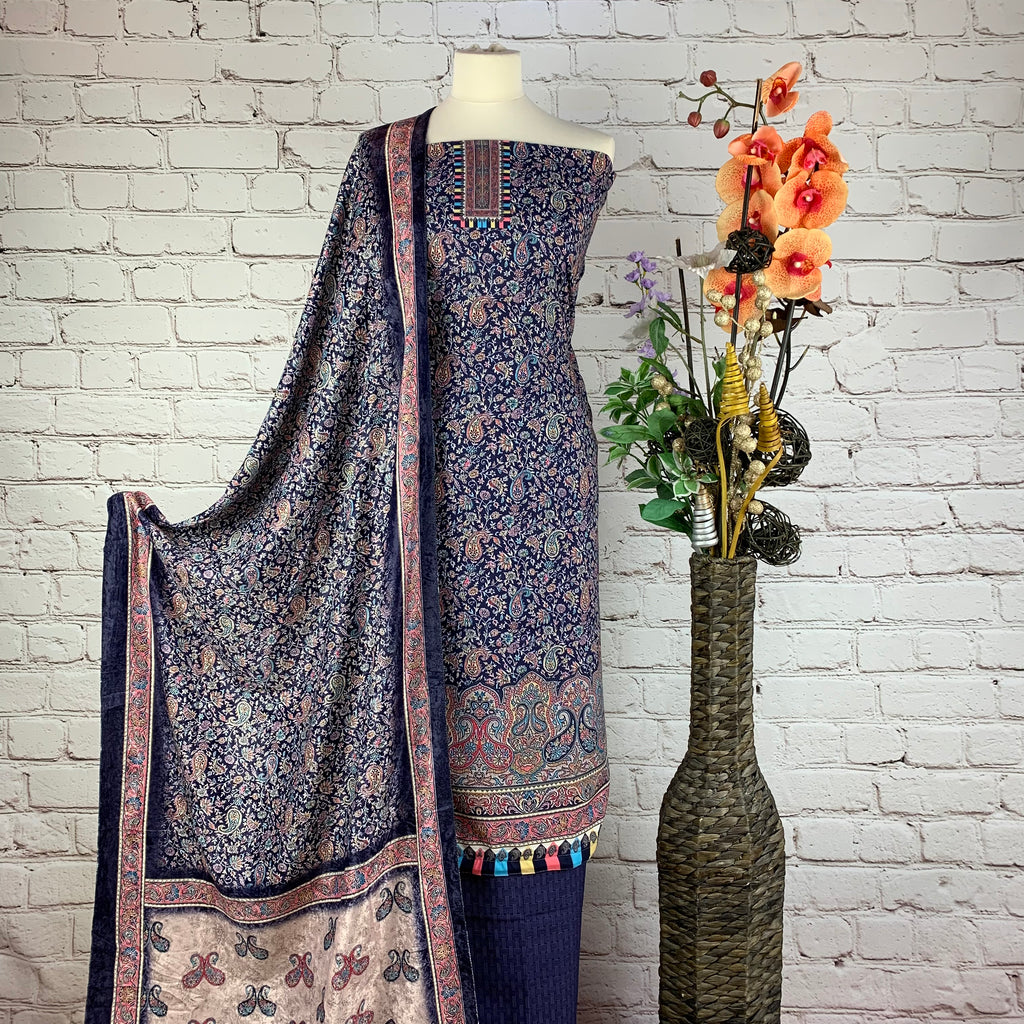 Self Print Garam Suit with Neck & Border Print (V8)
