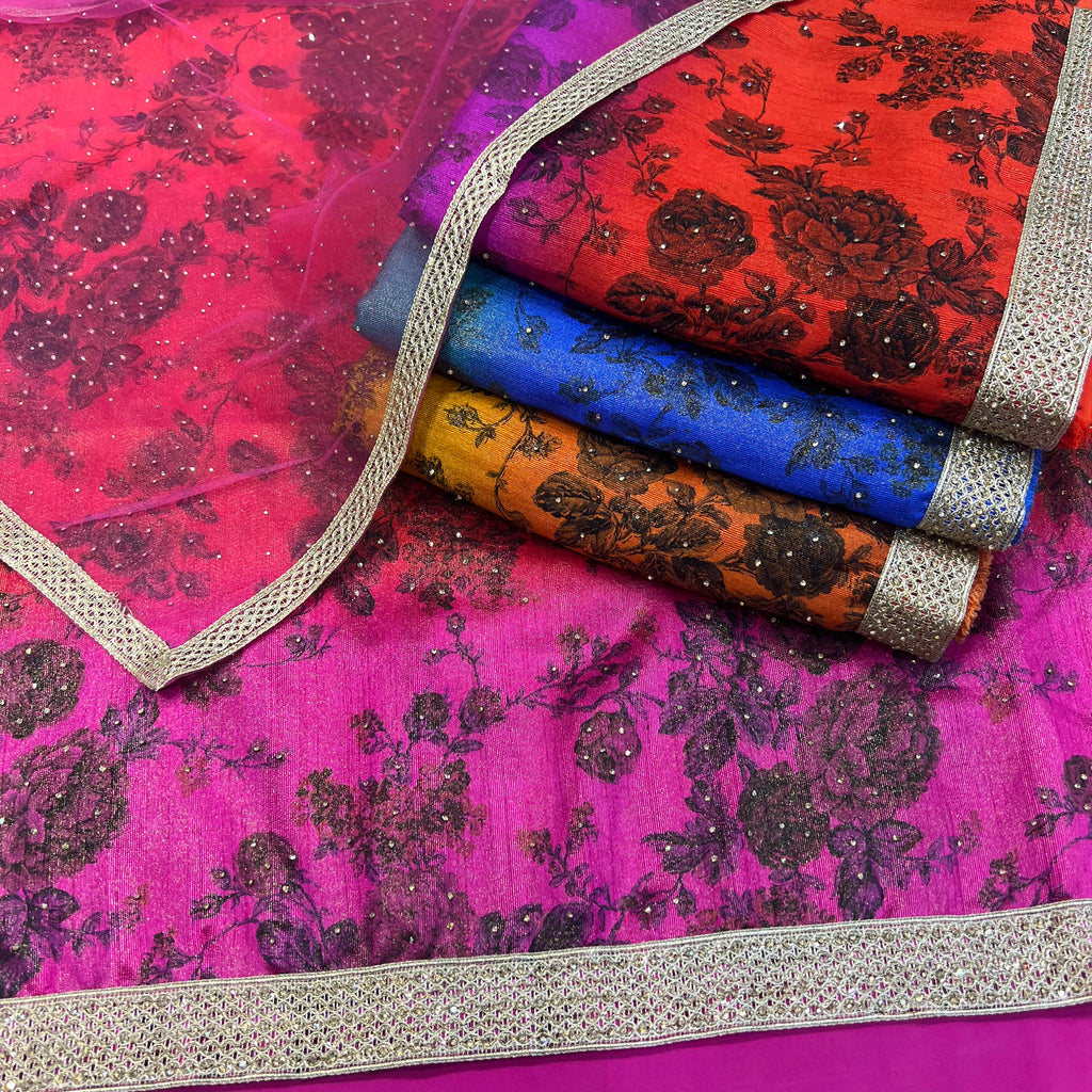 Unstitched Ombré Floral Benarsi Silk Suit