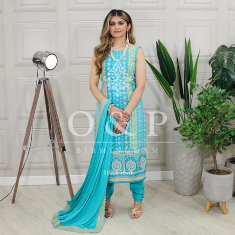 Chandheri Suit with Neck Embroidery & Printed Duputta (A44)