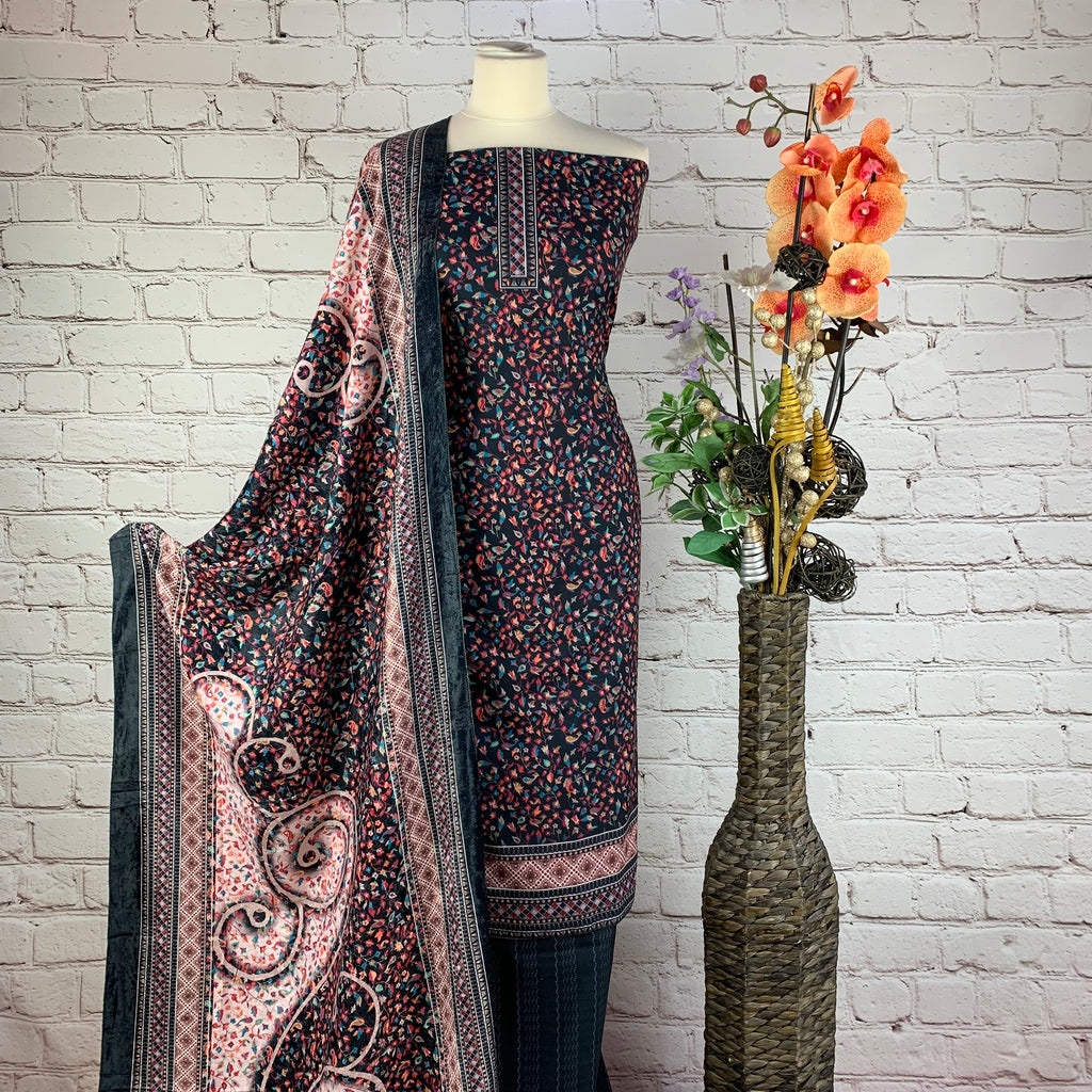Self Print Garam Suit with Neck & Border Print (V8)