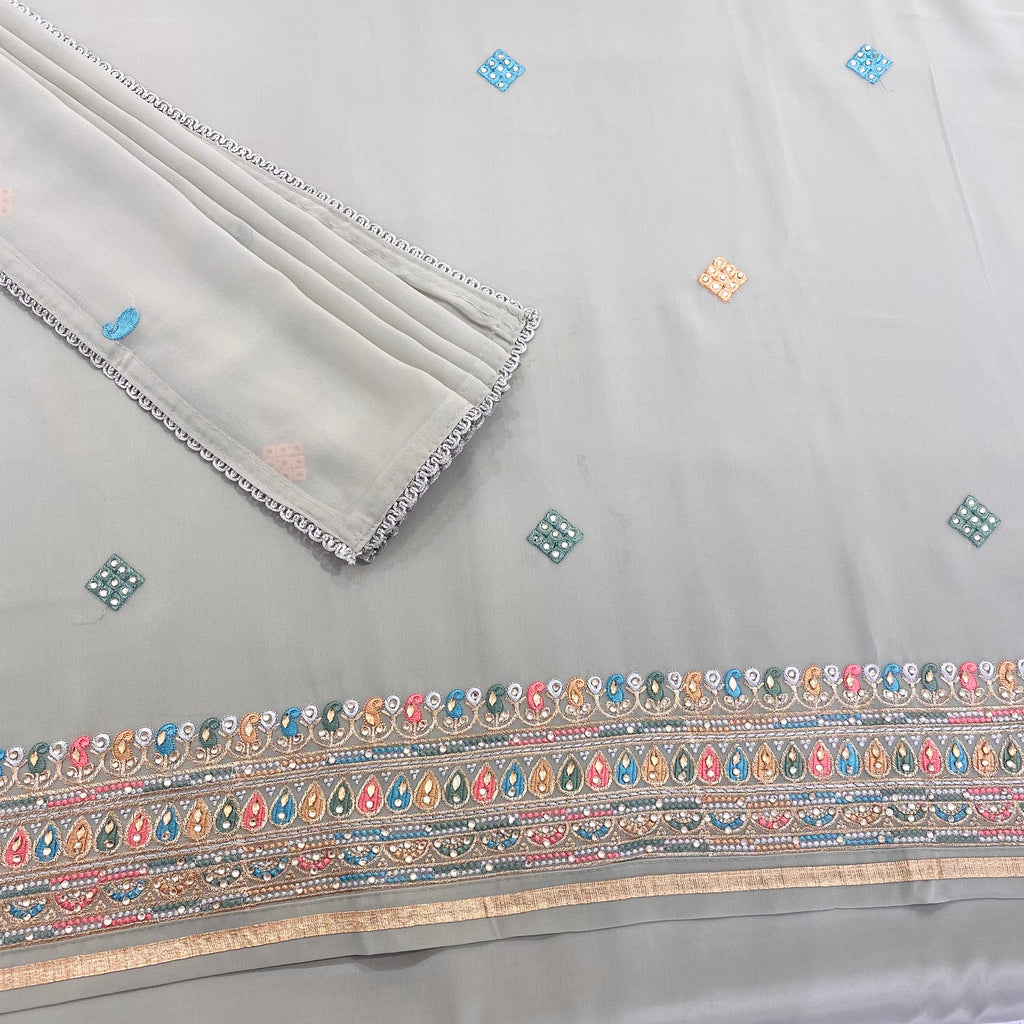 Georgette Suit with Contrasting Floral Threadwork Morif Embroidery