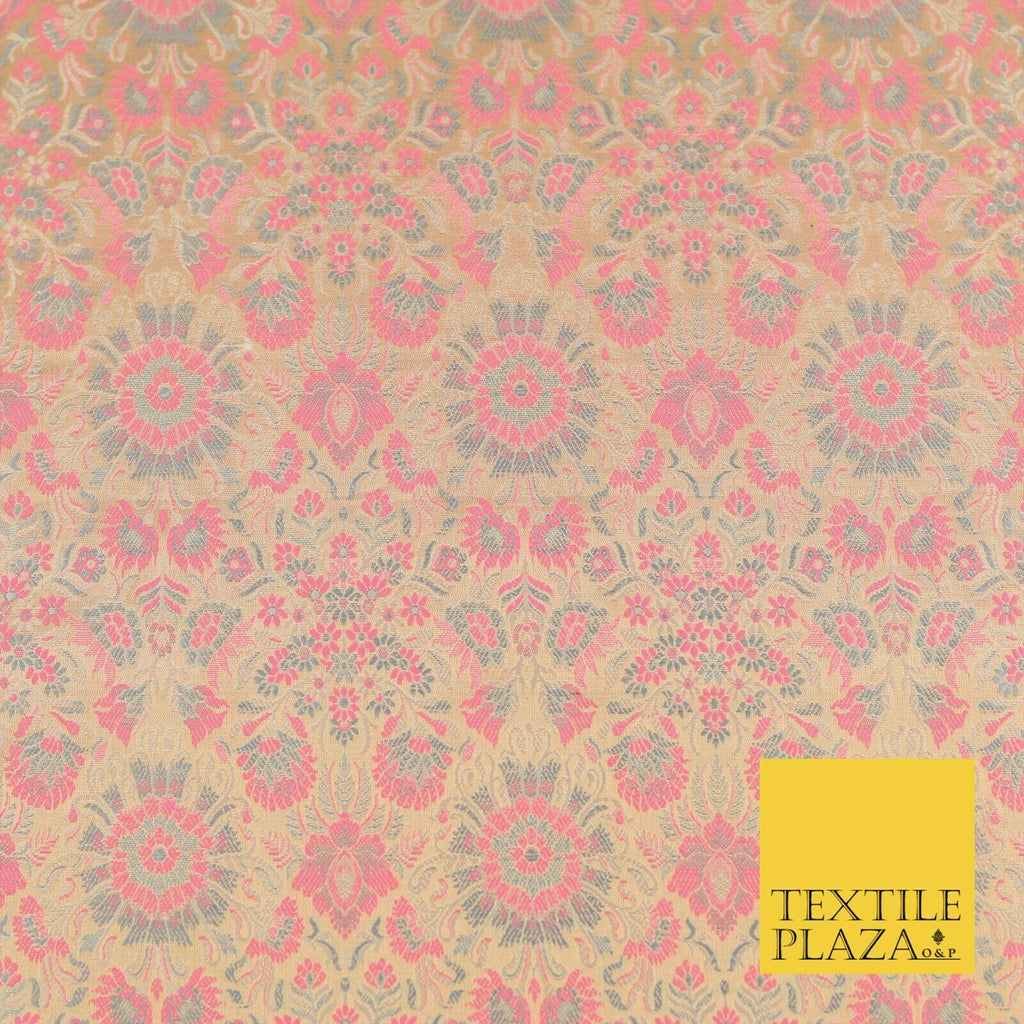 Light Gold Pink Luxury Flowers PURE Benarsi Brocade Woven Dress Fabric Fancy1744