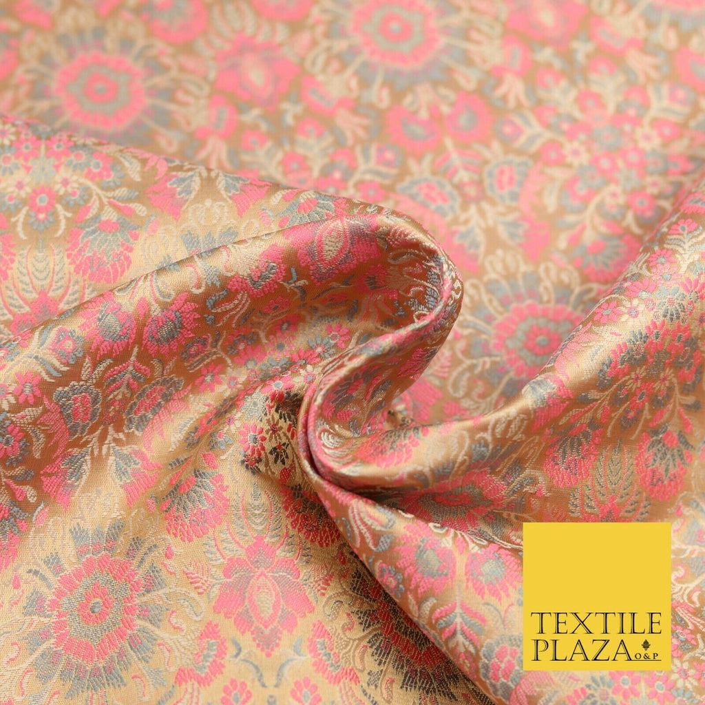 Light Gold Pink Luxury Flowers PURE Benarsi Brocade Woven Dress Fabric Fancy1744
