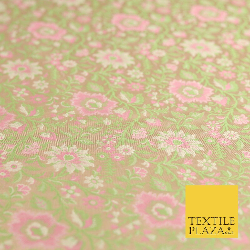 Gold Green Luxury Flowers PURE Benarsi Brocade Woven Dress Fabric Fancy 1747