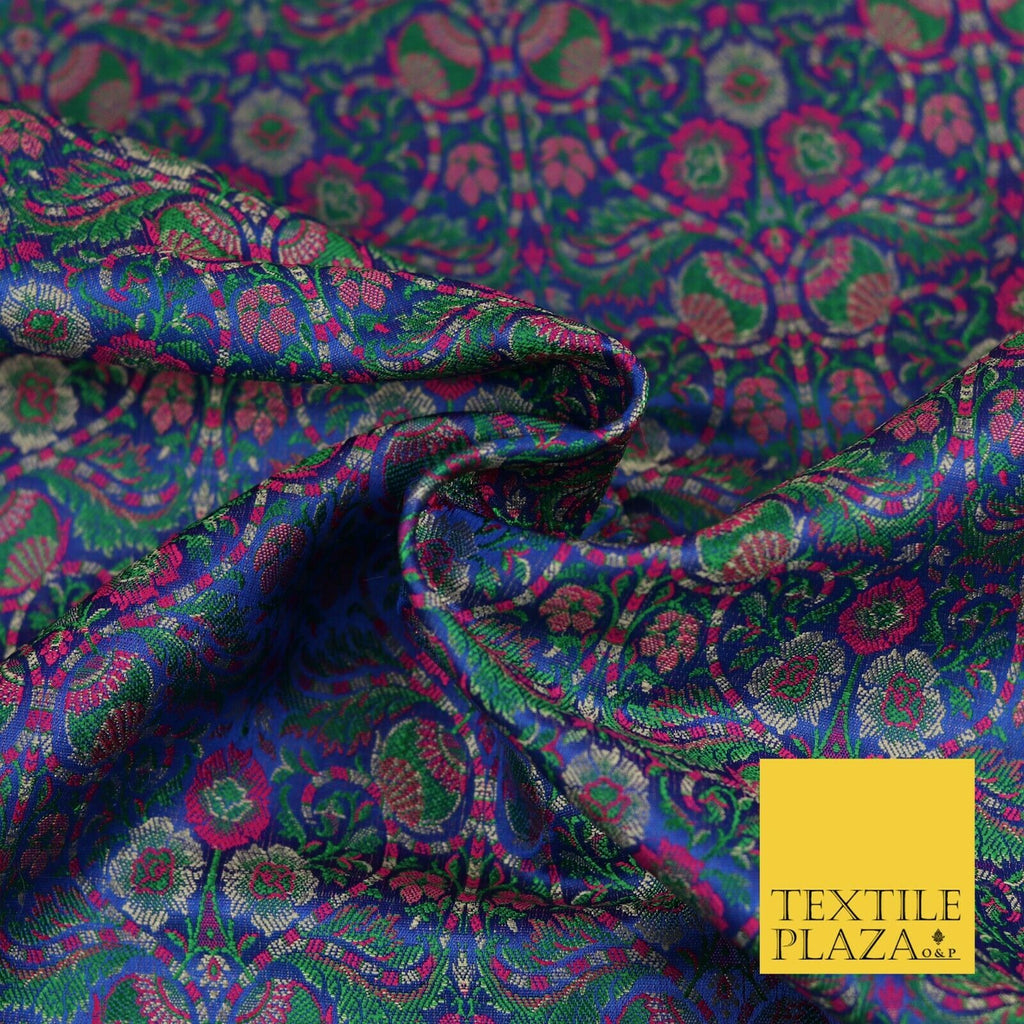 Blue Luxury Intricate Floral PURE Benarsi Brocade Woven Dress Fabric Fancy 1751