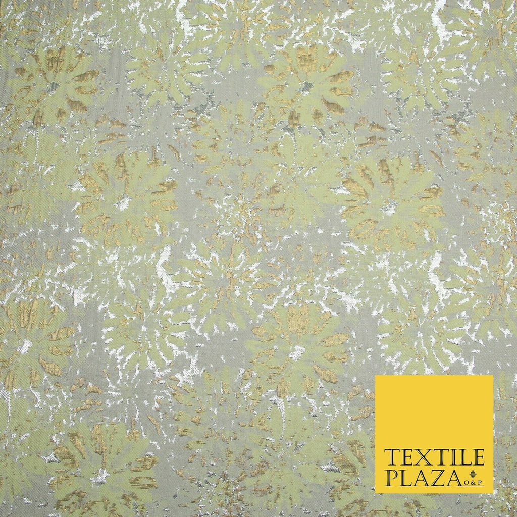 Tea Green Grey Petunia Floral Silver Metallic Brocade Jacquard Dress Fabric 1893