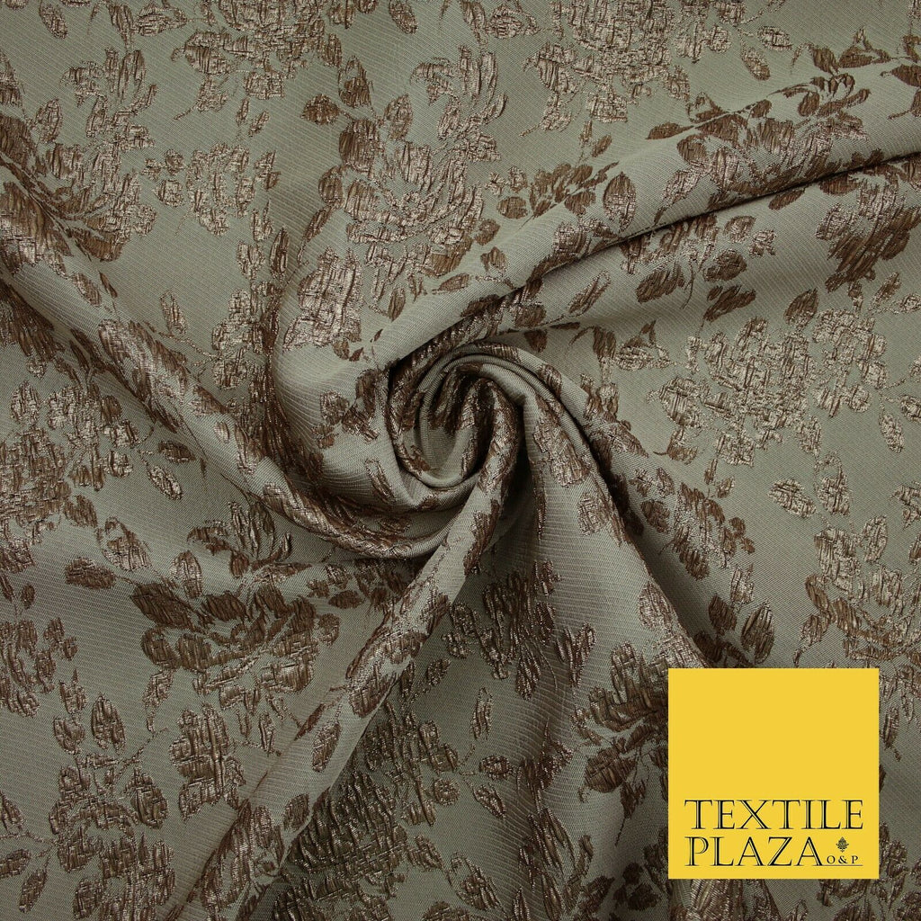 TAUPE BROWN Creased Metallic Rose Flowers Textured Brocade Jacquard Dress Fabric