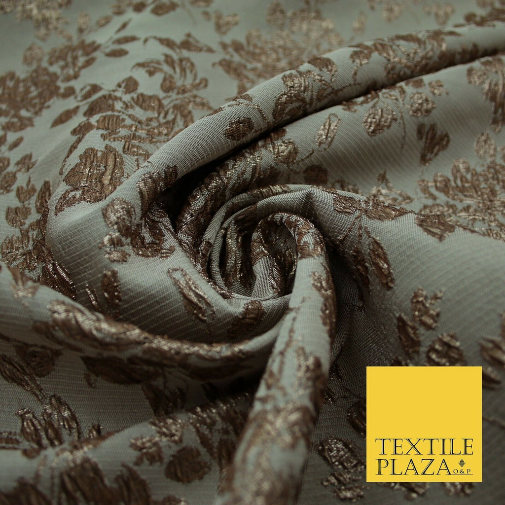 TAUPE BROWN Creased Metallic Rose Flowers Textured Brocade Jacquard Dress Fabric