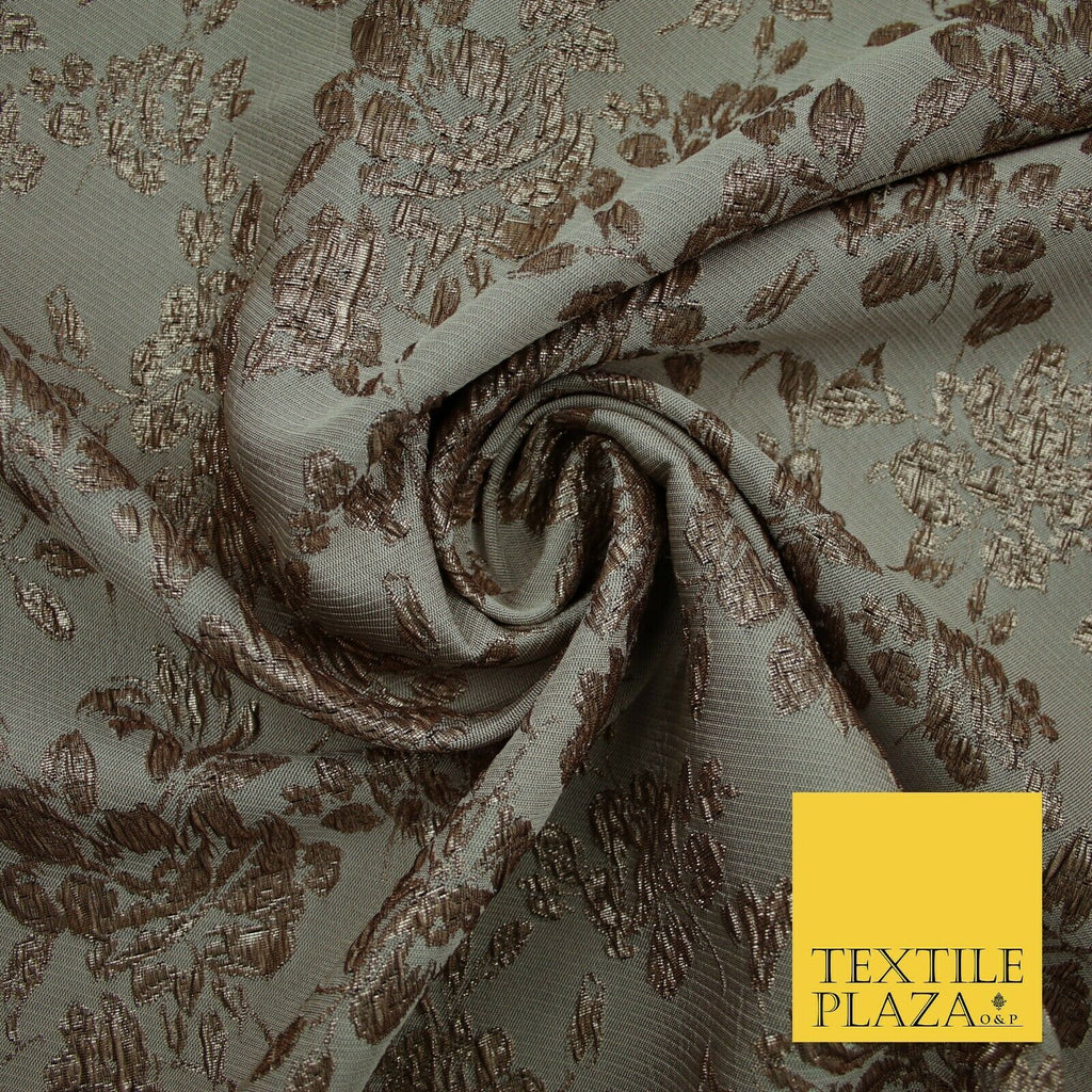 TAUPE BROWN Creased Metallic Rose Flowers Textured Brocade Jacquard Dress Fabric