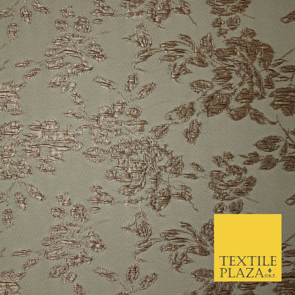 TAUPE BROWN Creased Metallic Rose Flowers Textured Brocade Jacquard Dress Fabric