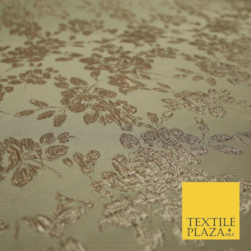 TAUPE BROWN Creased Metallic Rose Flowers Textured Brocade Jacquard Dress Fabric