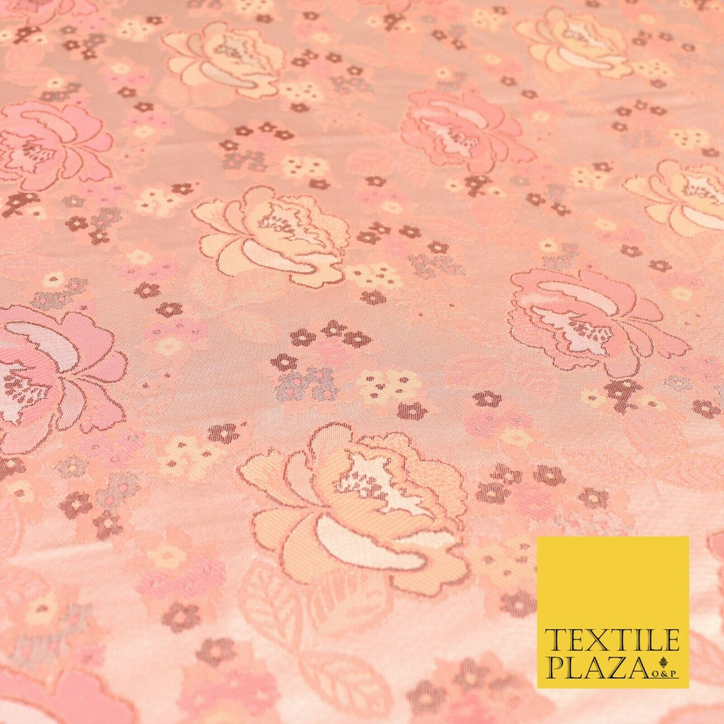 Blush Peach Premium Floral Carnation Satin Brocade Jacquard Dress Fabric 1699