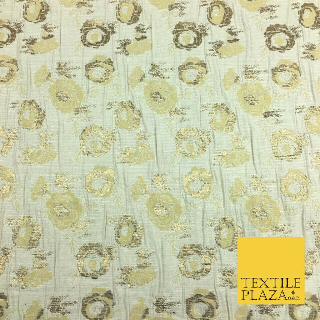 IVORY CREAM Floral Gold Metallic Rose Creased Brocade Jacquard Dress Fabric 1375