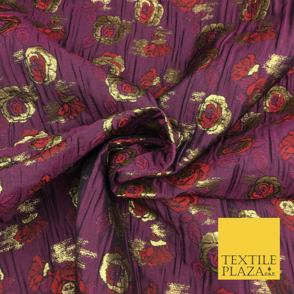 PLUM Two Tone Floral Metallic Rose Creased Brocade Jacquard Dress Fabric 1374