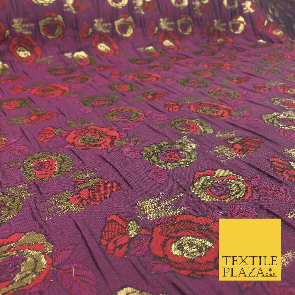 PLUM Two Tone Floral Metallic Rose Creased Brocade Jacquard Dress Fabric 1374
