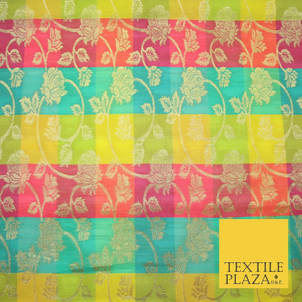 Multicolour Check Floral Banarsi Brocade Dress Indian Faux Raw Silk Fancy Fabric