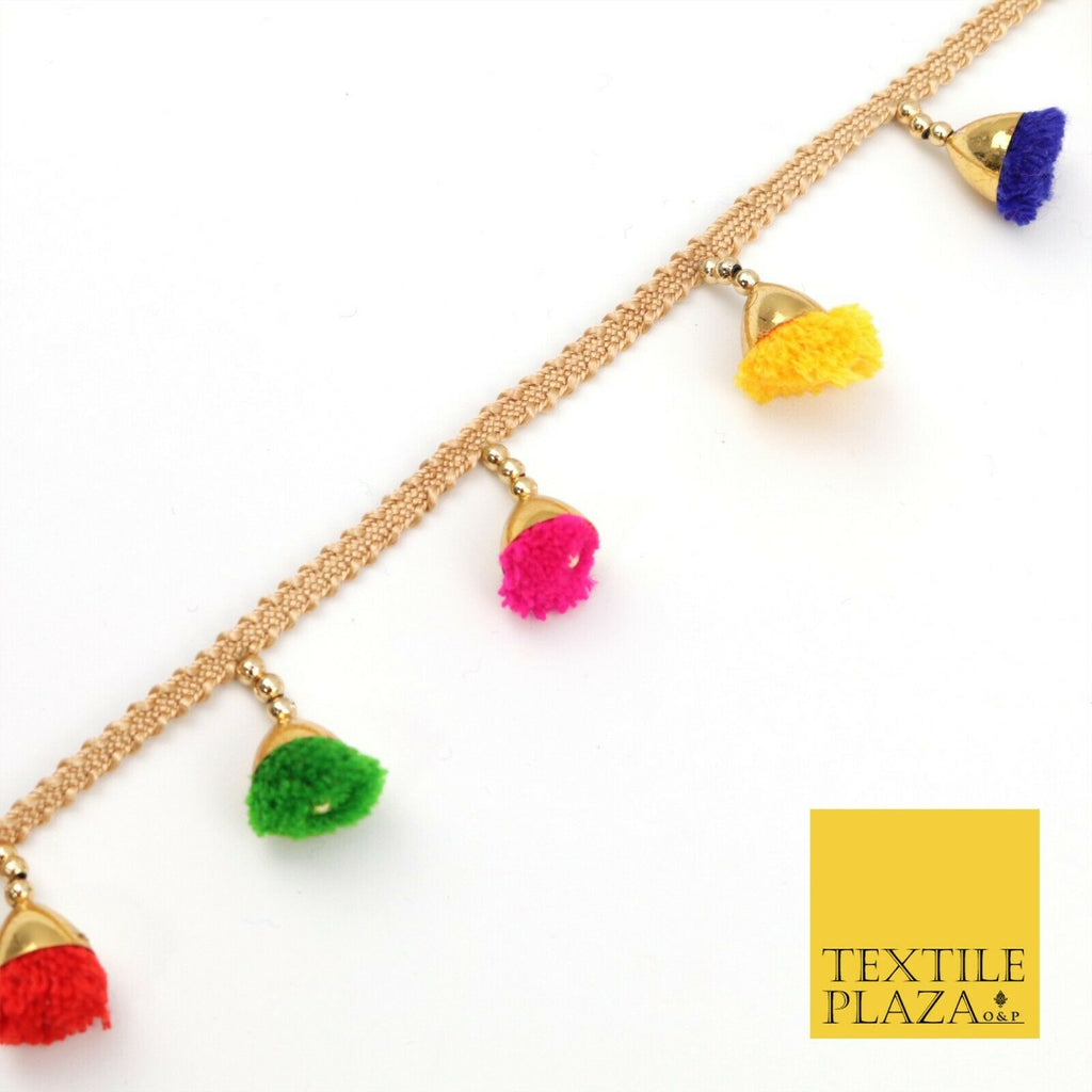 MULTICOLOUR Pom Pom Tassels Indian Woven Gold Trim Ribbon Border Lace X252