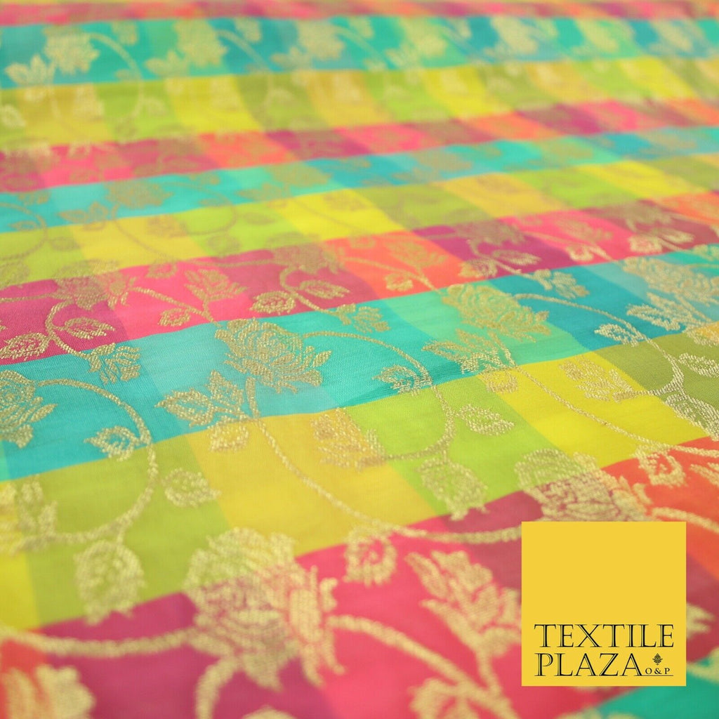 Multicolour Check Floral Banarsi Brocade Dress Indian Faux Raw Silk Fancy Fabric
