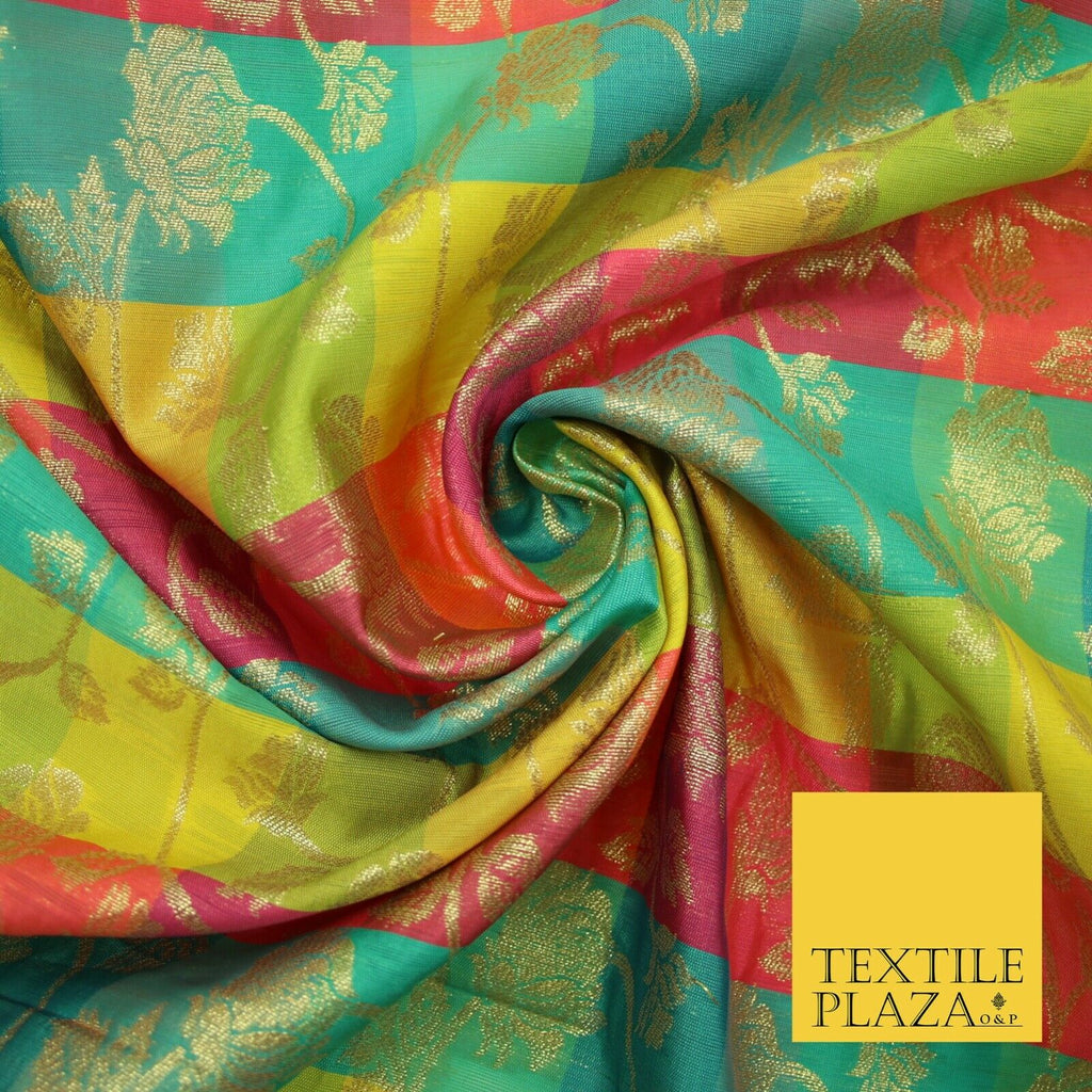 Multicolour Check Floral Banarsi Brocade Dress Indian Faux Raw Silk Fancy Fabric