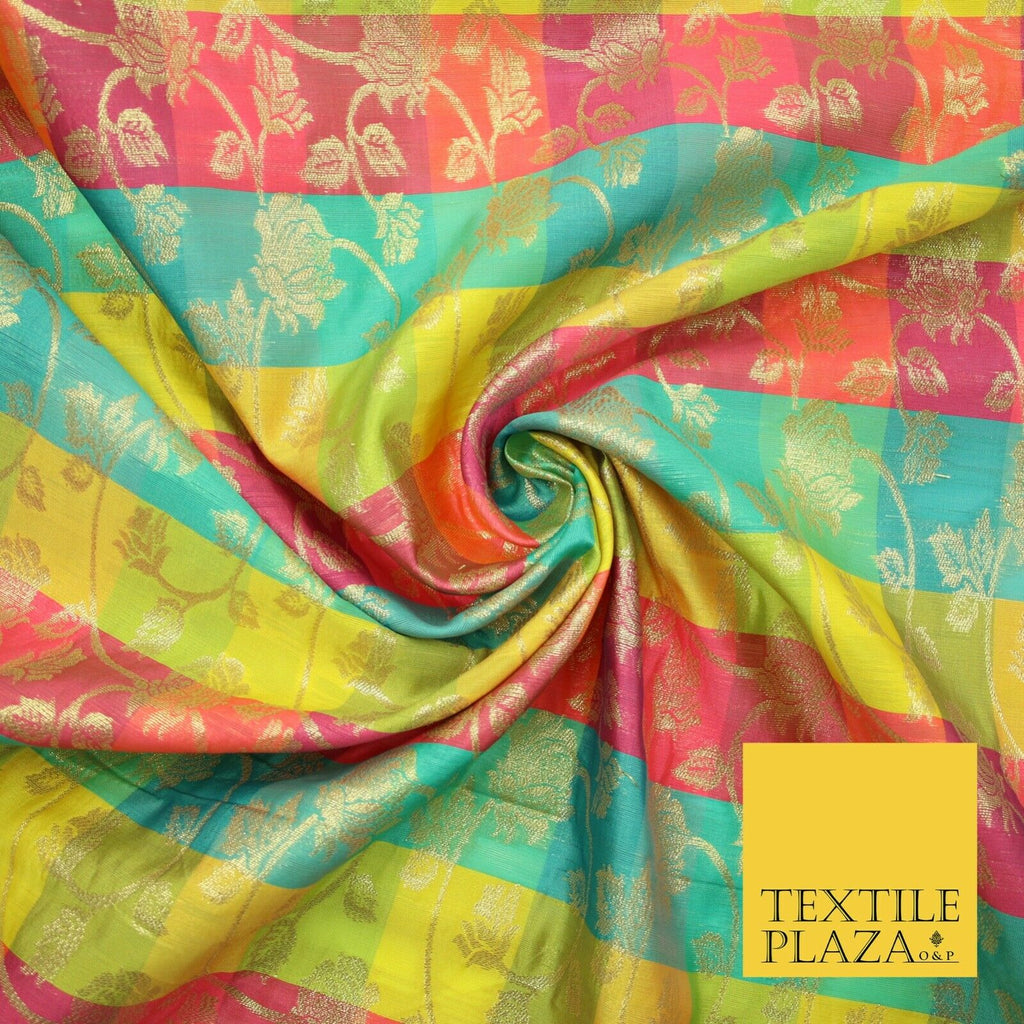 Multicolour Check Floral Banarsi Brocade Dress Indian Faux Raw Silk Fancy Fabric