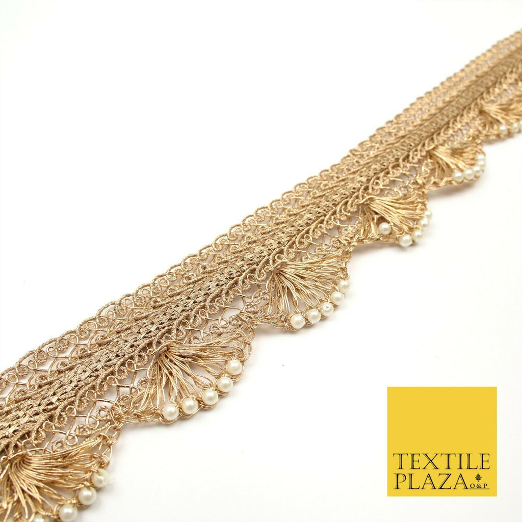 Light Gold Intricate Pearl Swag Trimming Border Ethnic Pankhi Scallop X309