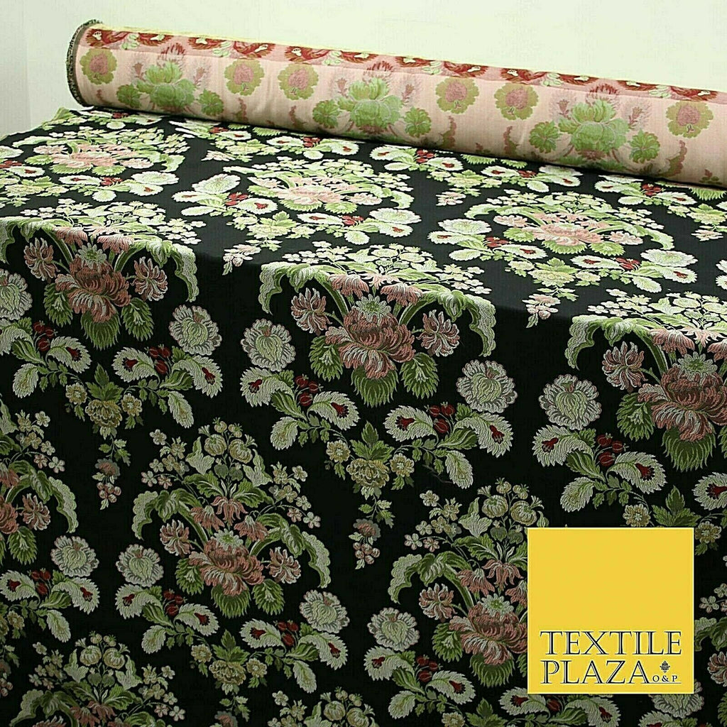 Black Large Ornamental Vintage Floral Fancy Brocade Jacquard Dress Fabric 4152