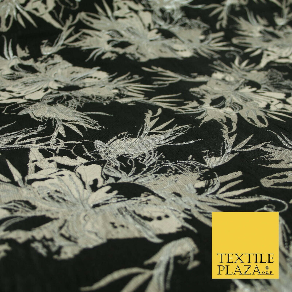 Black Pewter Silver Textured Metallic Fancy Brocade Jacquard Dress Fabric 4150