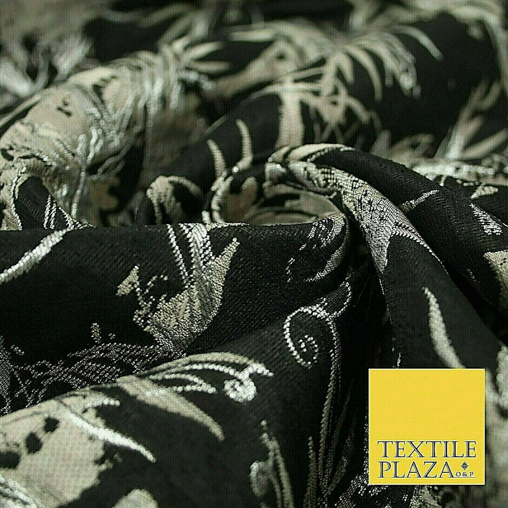 Black Pewter Silver Textured Metallic Fancy Brocade Jacquard Dress Fabric 4150