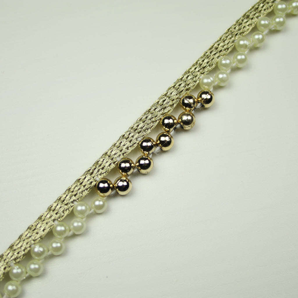 Ivory Gold Chrome Pearl Dashed Beaded Trimming Border Ribbon Gota Trim X406