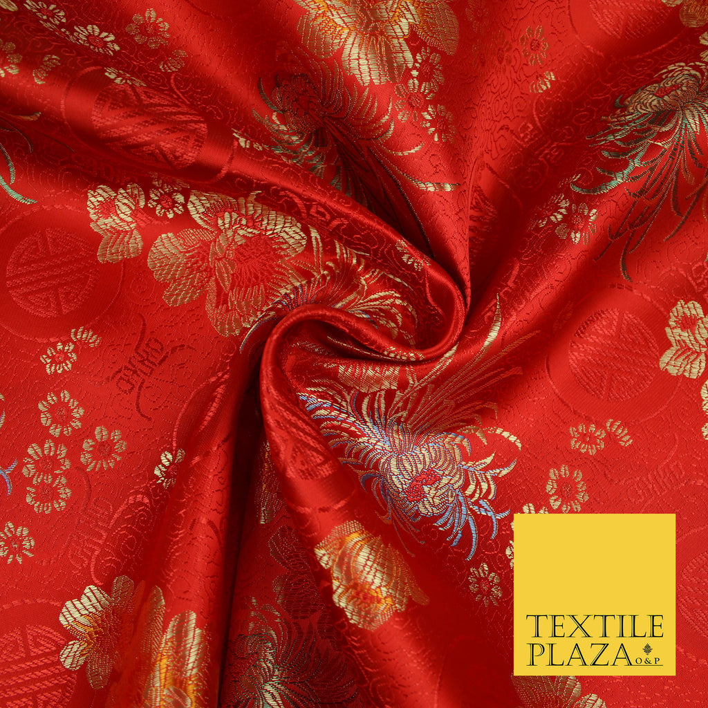 RED Oriental SHOU Floral Chinese Brocade Satin Embroidered Dress Fabric 3523