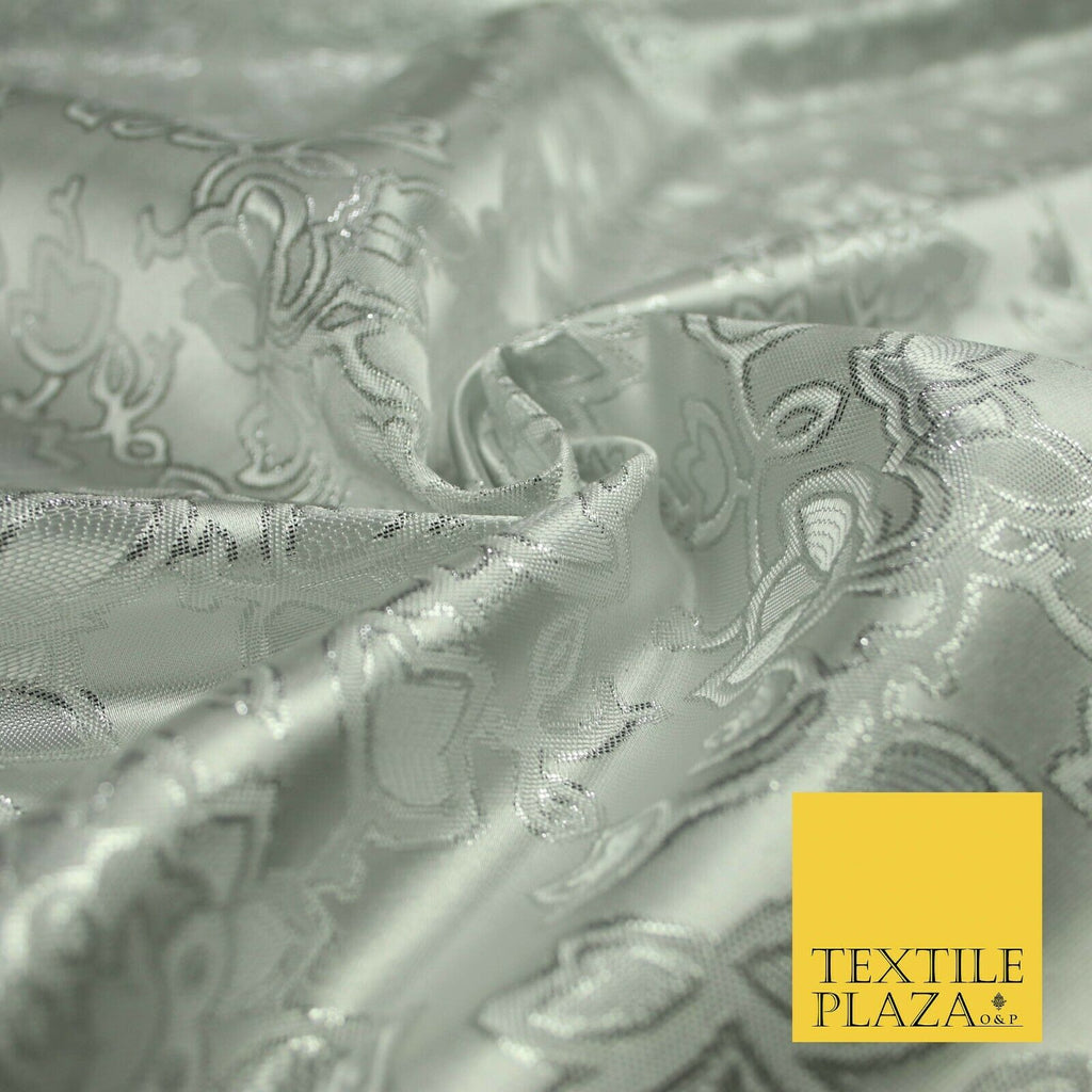 Silver Ornate Floral Outline Satin Metallic Brocade Dress Fabric Fancy 58" 6002