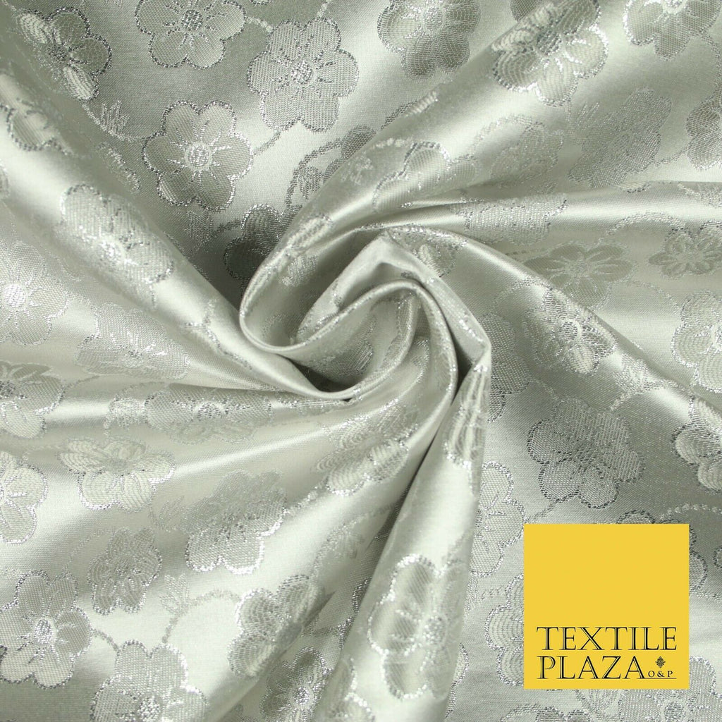 Silver Floral Pansy Vine Satin Metallic Brocade Dress Fabric Fancy 45" 6006