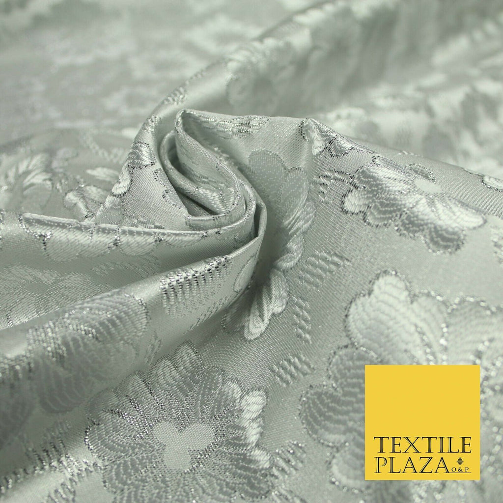 Silver Ornate Floral Scroll Satin Metallic Brocade Dress Fabric Fancy 58" 6003