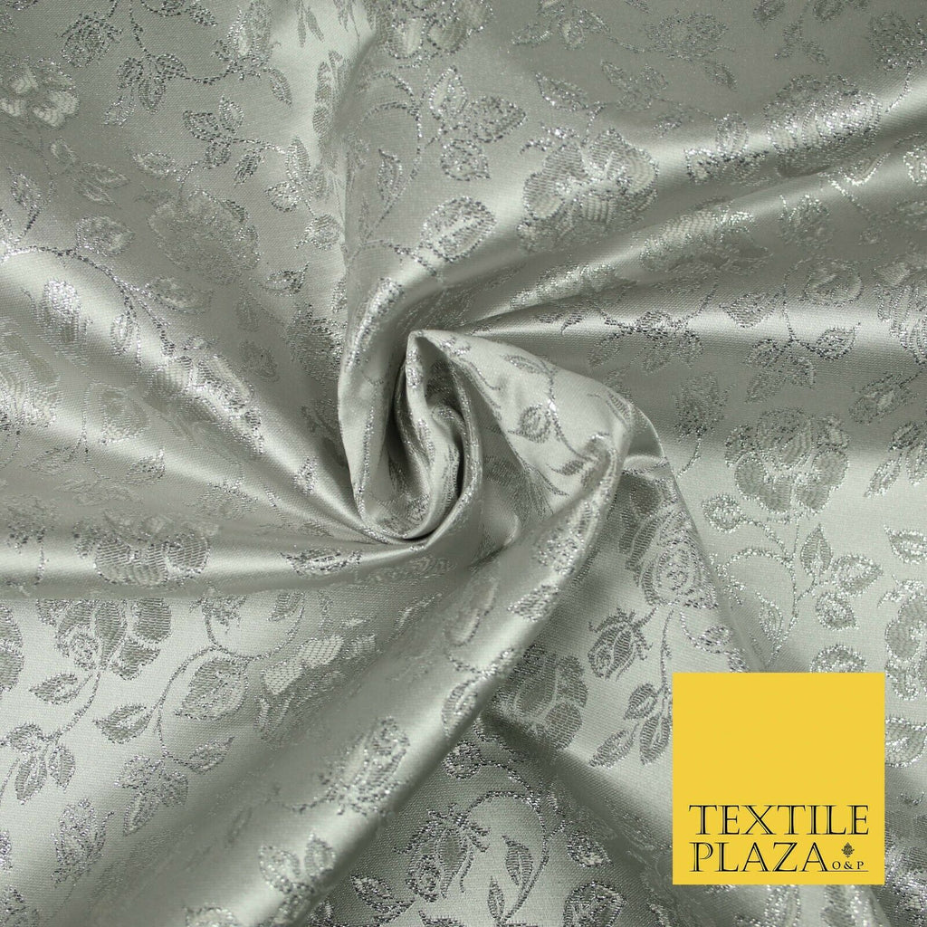 Silver Floral Carnation Vine Satin Metallic Brocade Dress Fabric Fancy 45" 6004