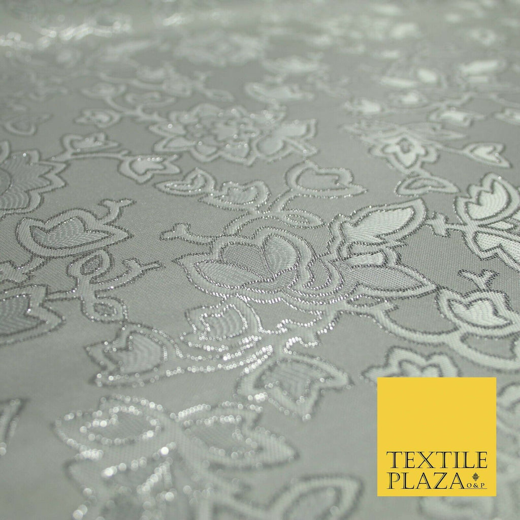 Silver Ornate Floral Outline Satin Metallic Brocade Dress Fabric Fancy 58" 6002