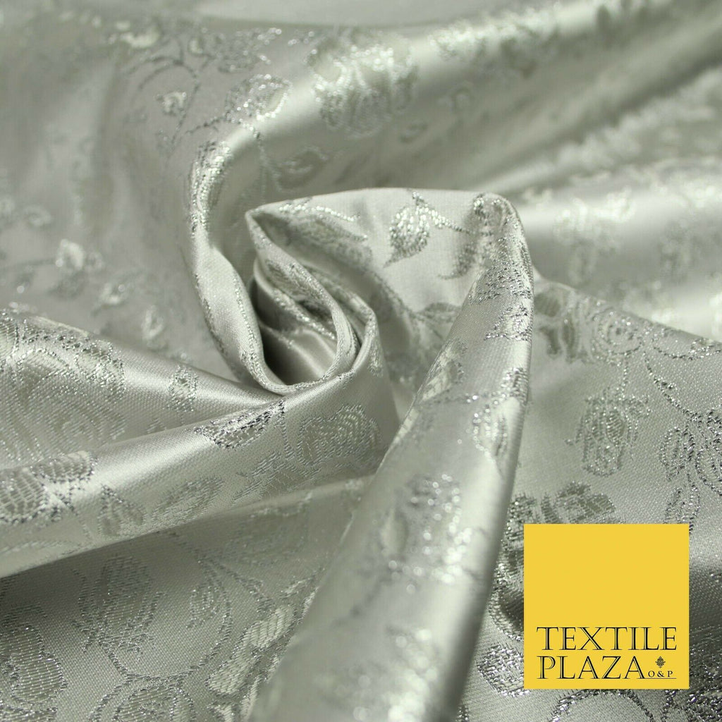 Silver Floral Carnation Vine Satin Metallic Brocade Dress Fabric Fancy 45" 6004