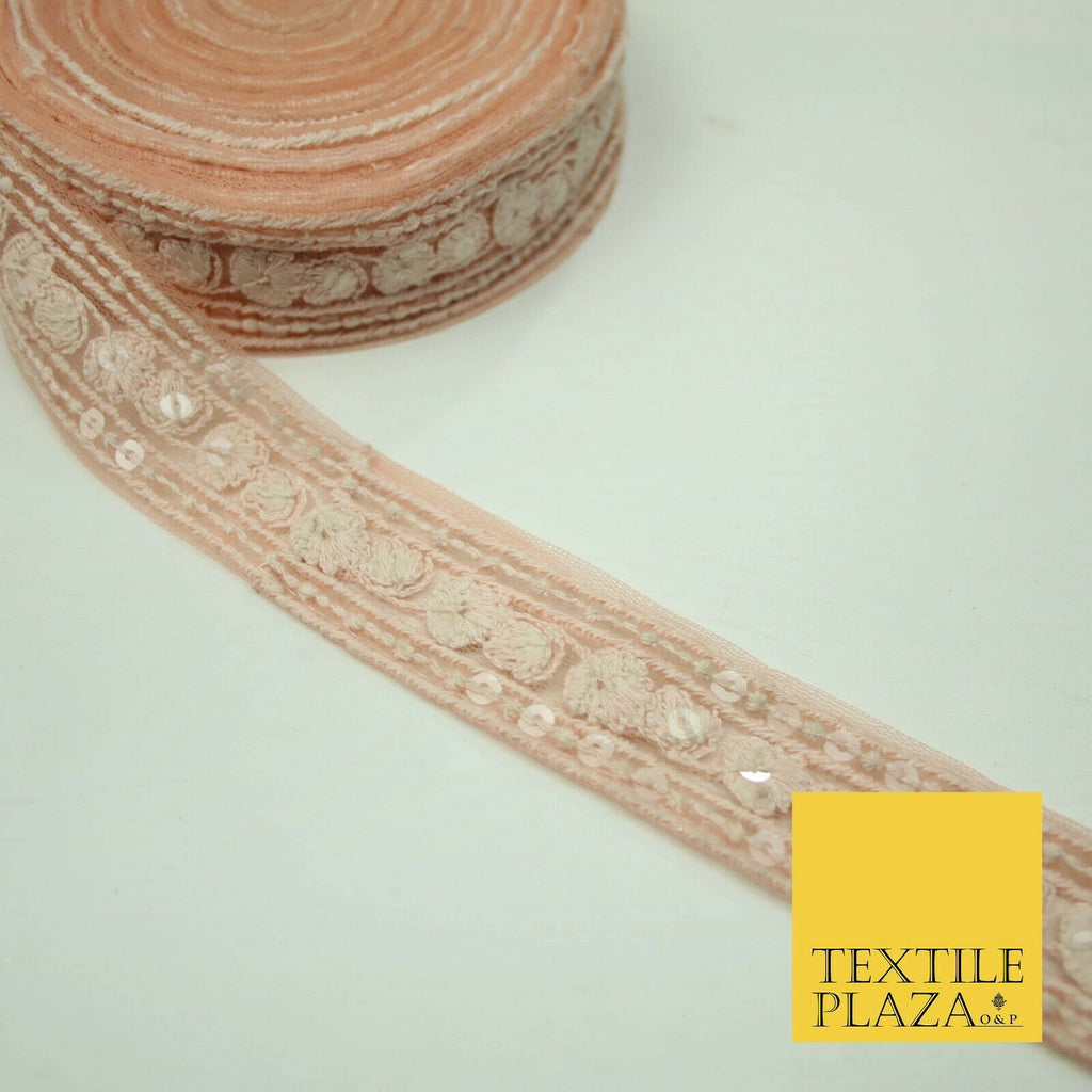 10 PASTEL COLOURS Soft Thread Floral Sequin Ribbon Trim Border Lace - Per Metre