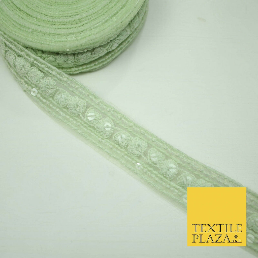 10 PASTEL COLOURS Soft Thread Floral Sequin Ribbon Trim Border Lace - Per Metre