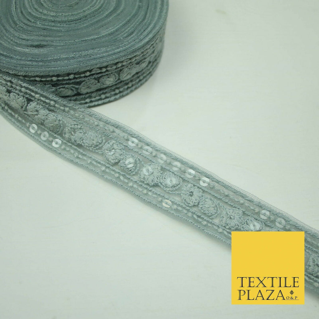 10 PASTEL COLOURS Soft Thread Floral Sequin Ribbon Trim Border Lace - Per Metre