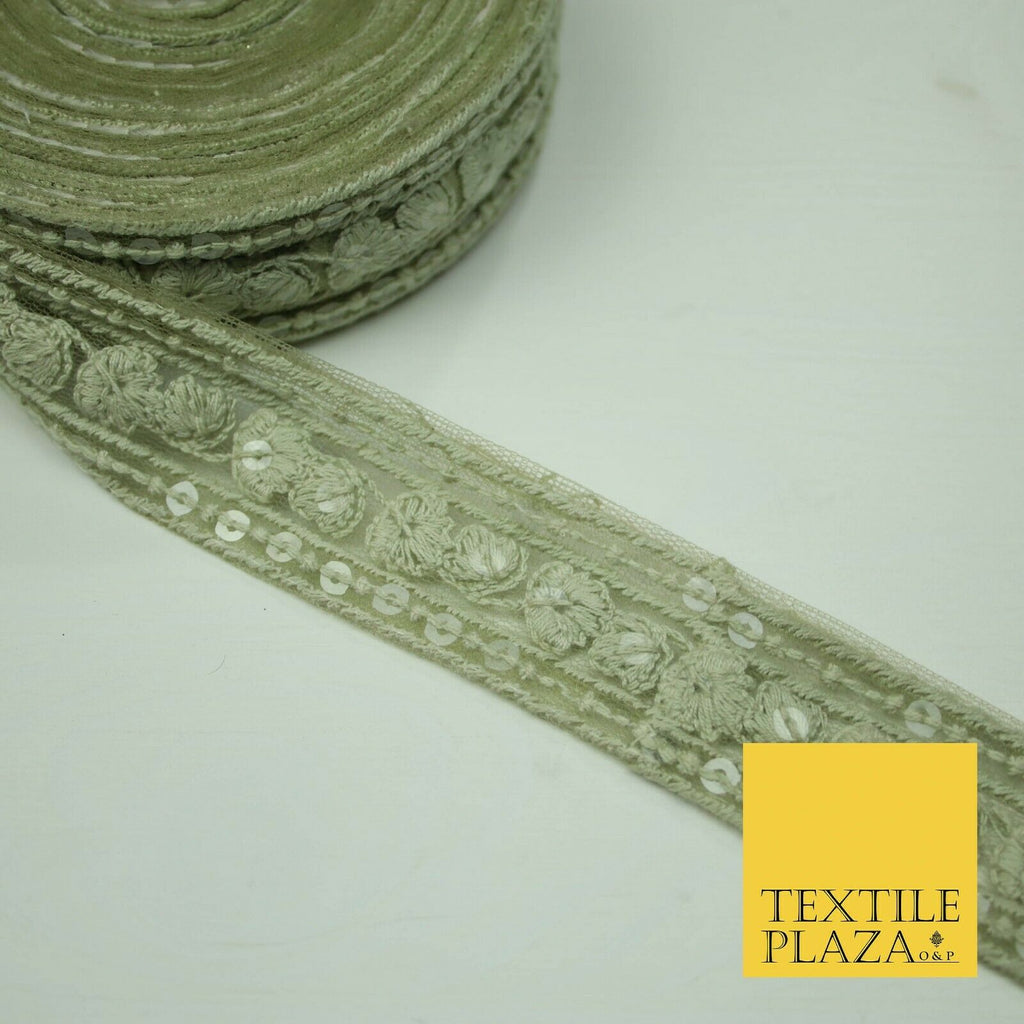 10 PASTEL COLOURS Soft Thread Floral Sequin Ribbon Trim Border Lace - Per Metre