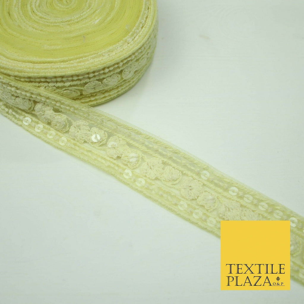 10 PASTEL COLOURS Soft Thread Floral Sequin Ribbon Trim Border Lace - Per Metre