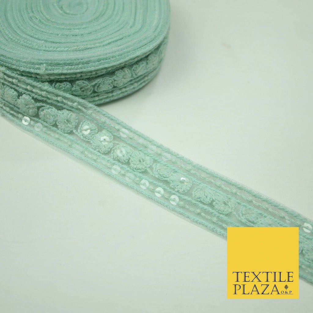 10 PASTEL COLOURS Soft Thread Floral Sequin Ribbon Trim Border Lace - Per Metre