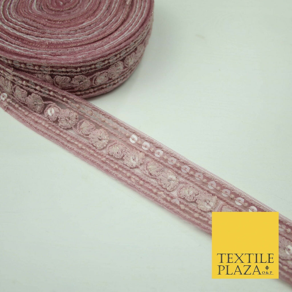 10 PASTEL COLOURS Soft Thread Floral Sequin Ribbon Trim Border Lace - Per Metre