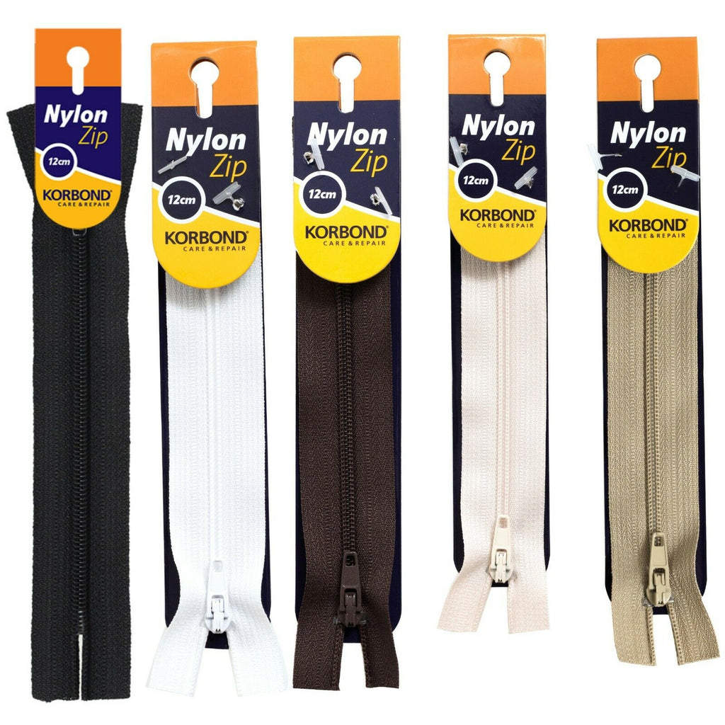 KORBOND High Quality 12cm Nylon Zips Black White Brown Cream Khaki Closed Ended