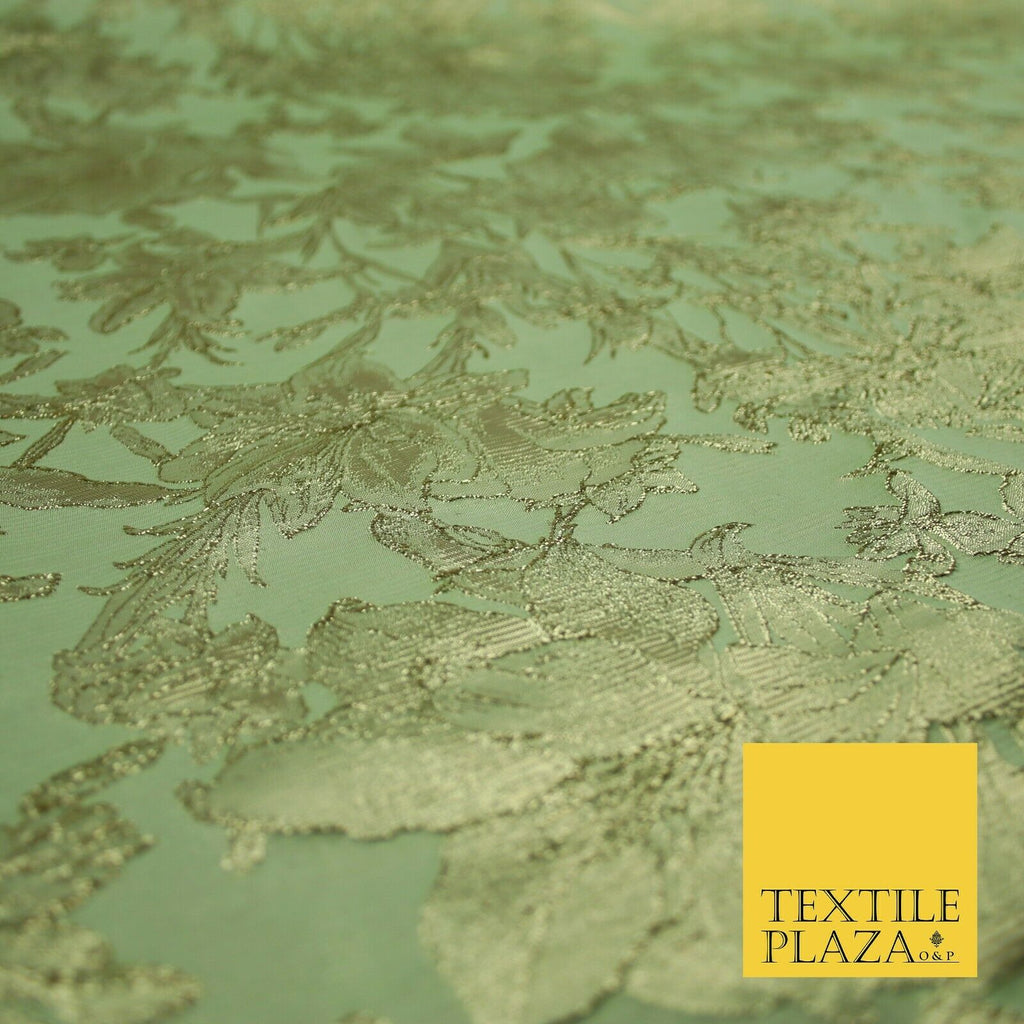 Green Brown Peach Luxury Textured Gold Floral Rose Brocade Dress Fabric Metallic