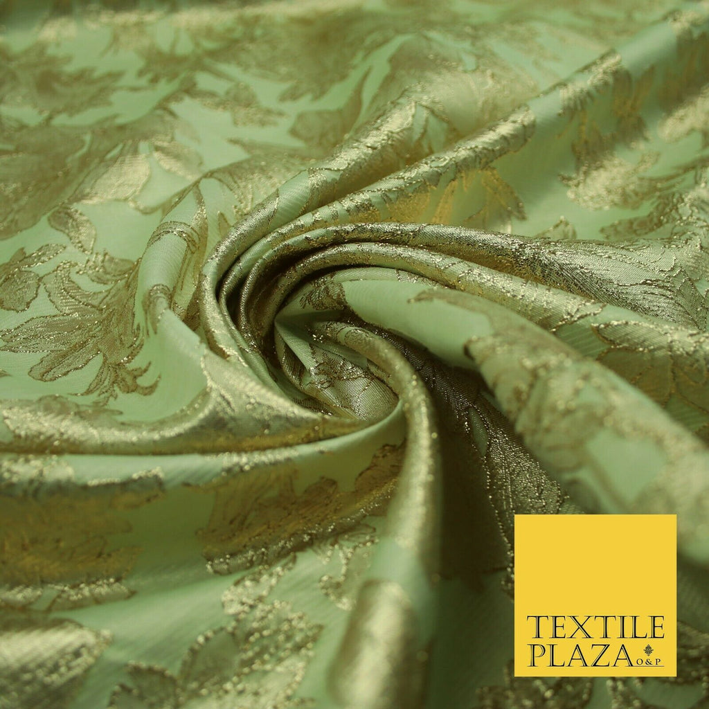 Green Brown Peach Luxury Textured Gold Floral Rose Brocade Dress Fabric Metallic