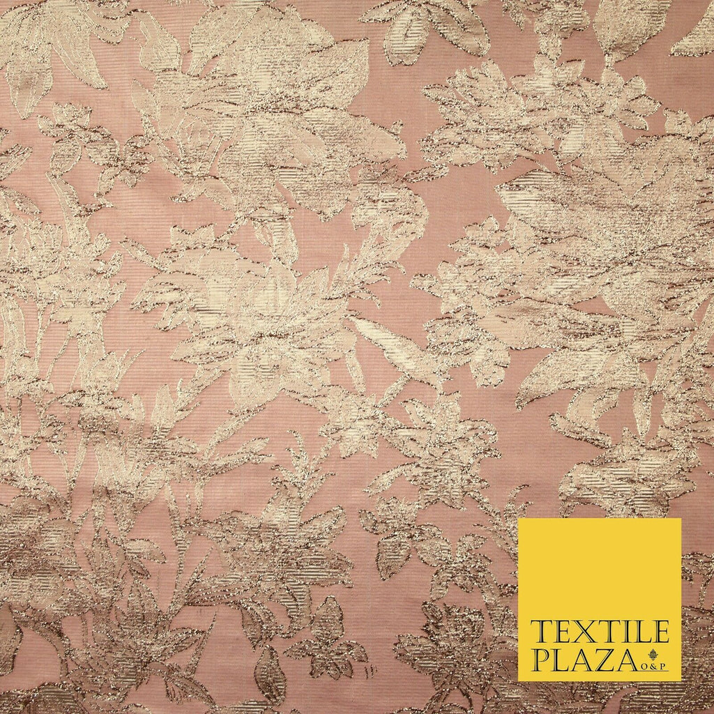 Green Brown Peach Luxury Textured Gold Floral Rose Brocade Dress Fabric Metallic