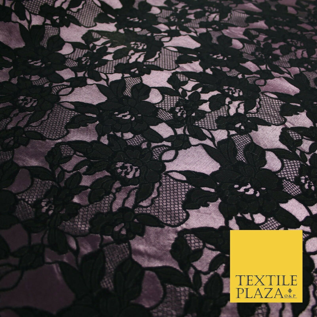 Black Mauve Pink Floral Lace Effect Woven Brocade Jacquard Dress Fabric 6844